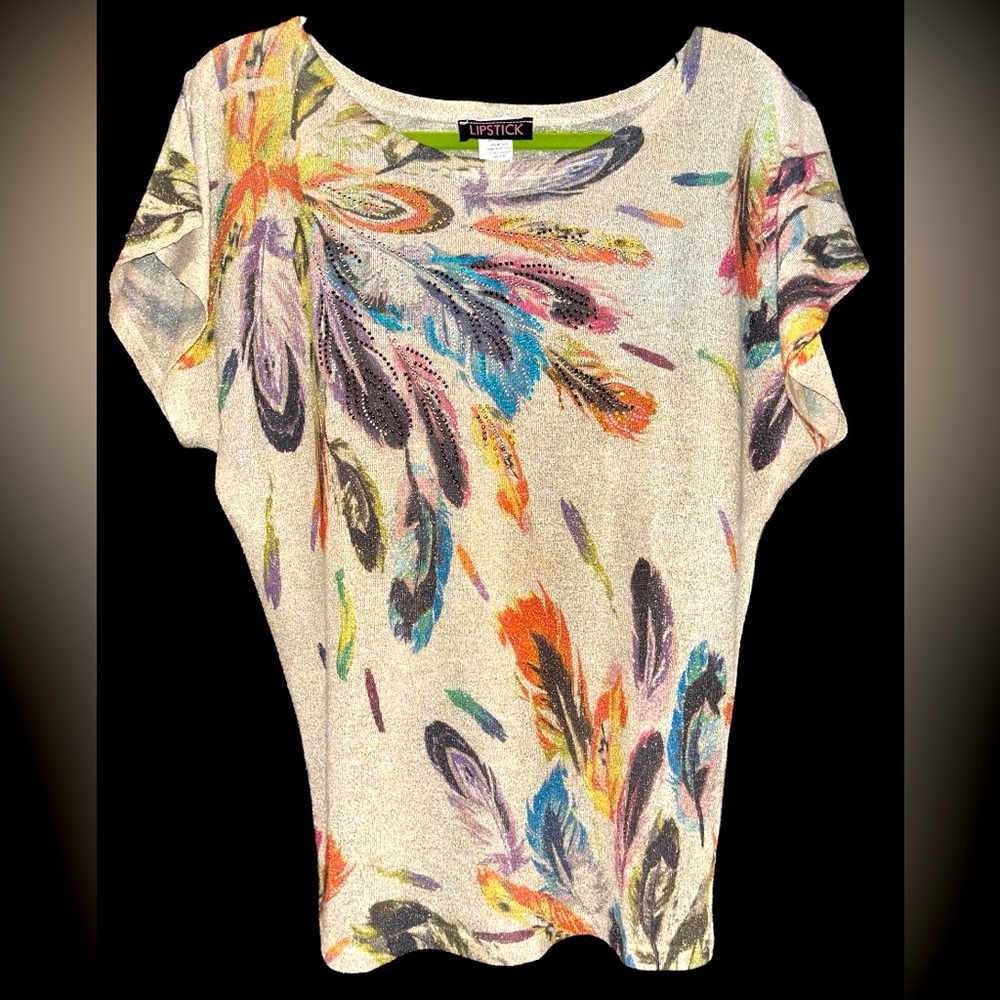 Lipstick - Vtg 90’s metallic thin knit feather design top Lg